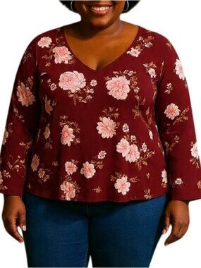 Forever 21+ Plus Size 2X Top Burgundy Pink Floral V-Neck Long Sleeve Blouse